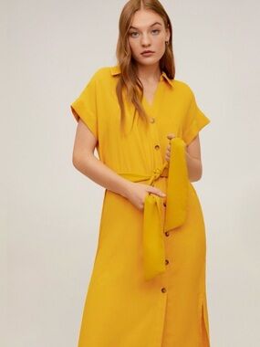 MangoYellow Short-Sleeve Belted Midi Shirt Dress